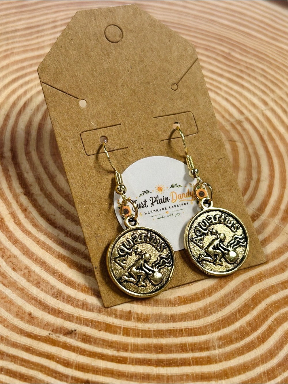 Gold Tone Aquarius Zodiac Charm Dangle Earrings Astrology Horoscope Jewelry NWT